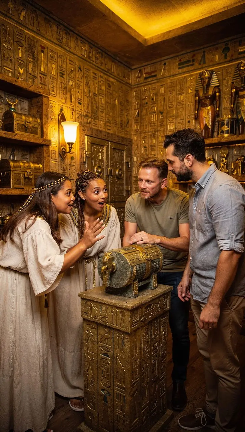 Group of friends collaborating in an escape room.